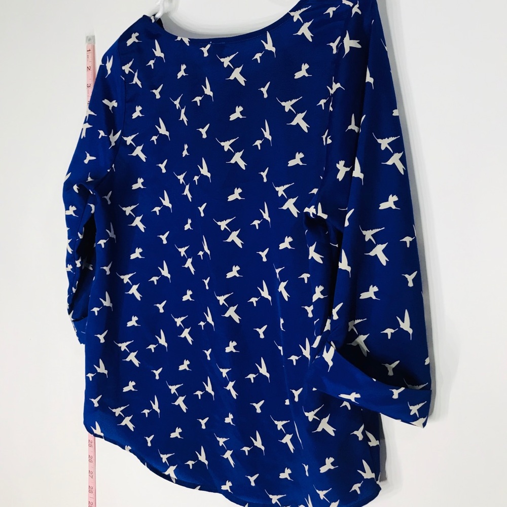 blue white bird blouse small woman button arm cuff